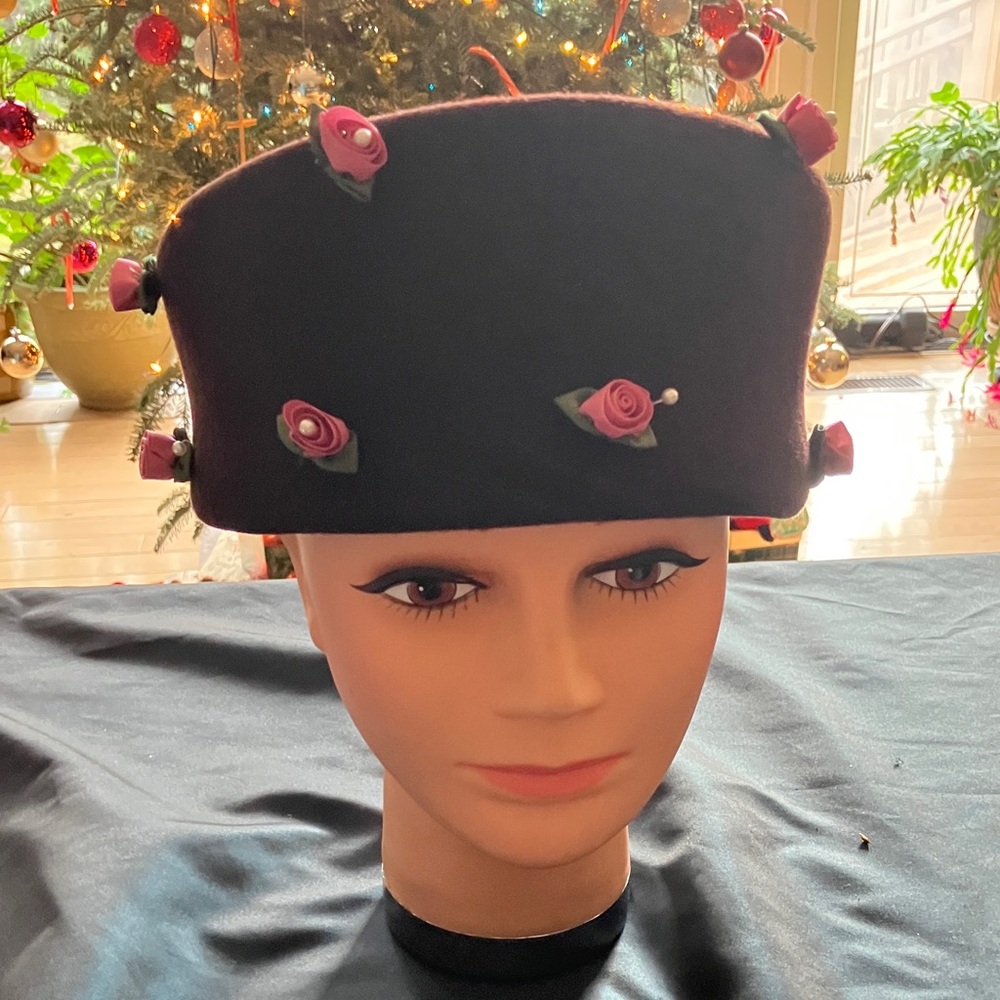 Elegant Brown Wool Hat with Pink Floral Accents